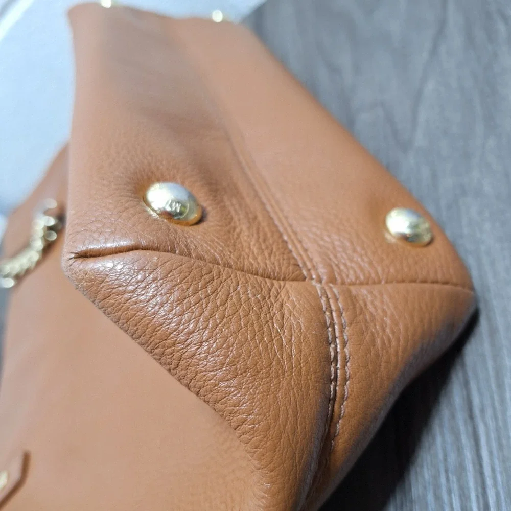 Michael Kors Pebbled Leather Tote Bag Luggage Brown Gold Chain Shoulder Bag